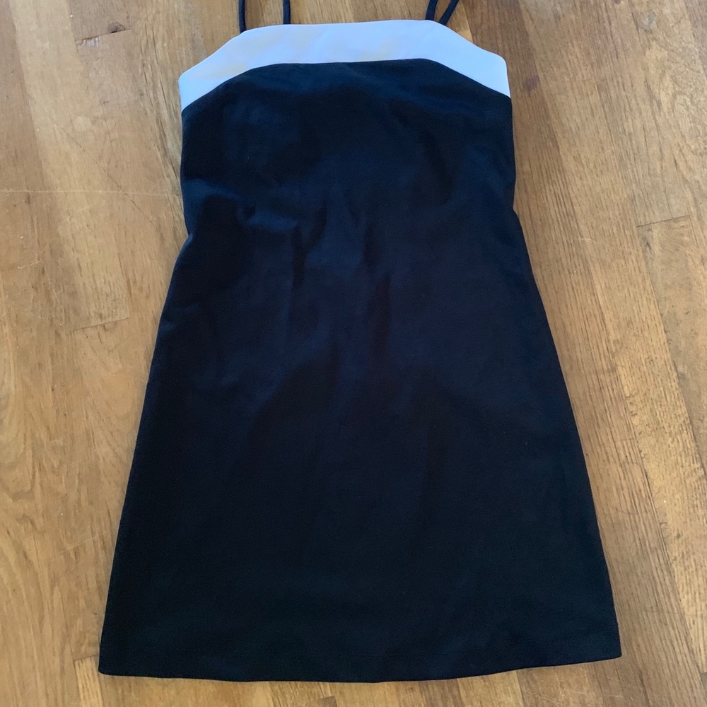 Girls size 10 black a-line dress, white trim & bow